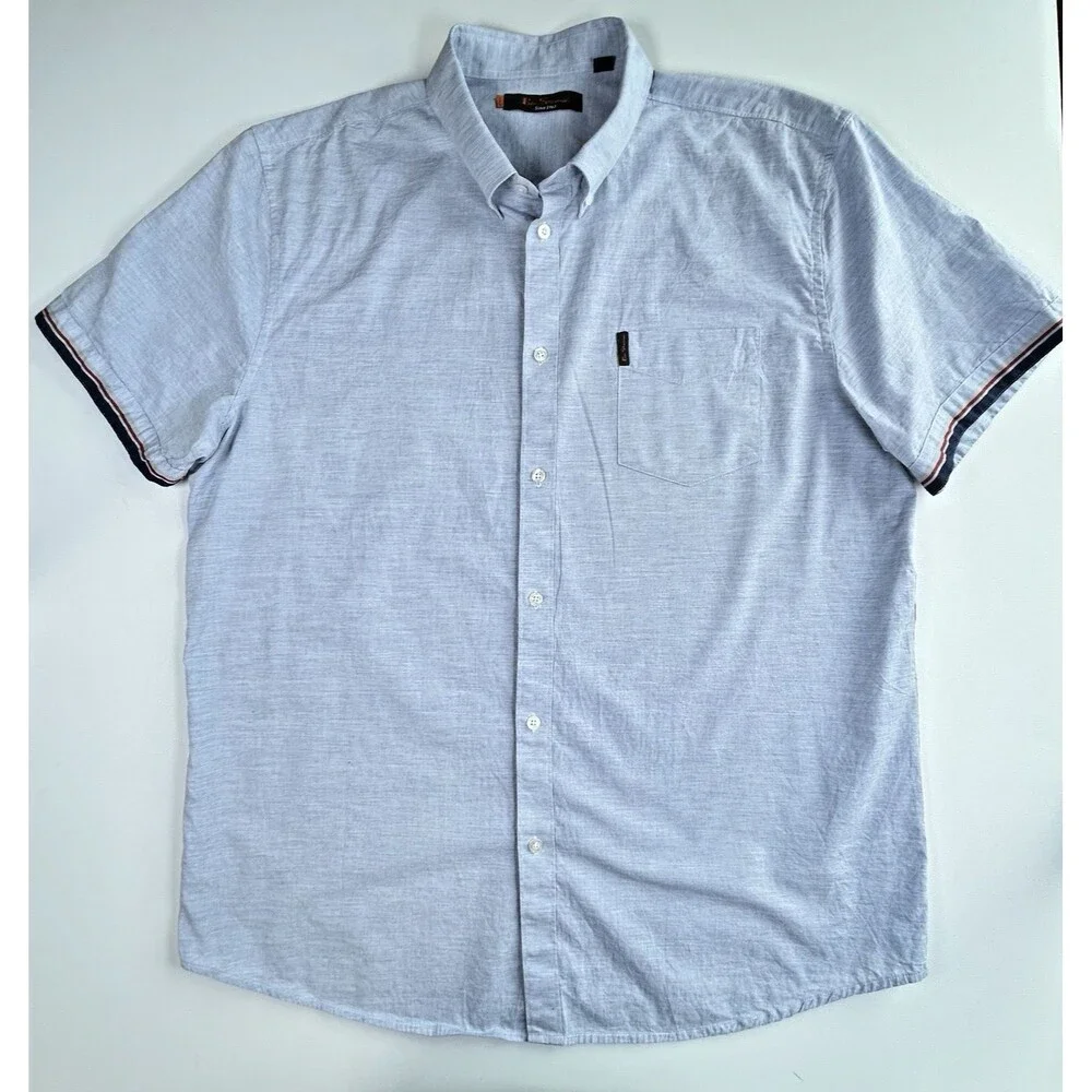 Ben Sherman Blue Cotton Short Sleeve Button Up Shirt Striped Cuffs Men's XXL